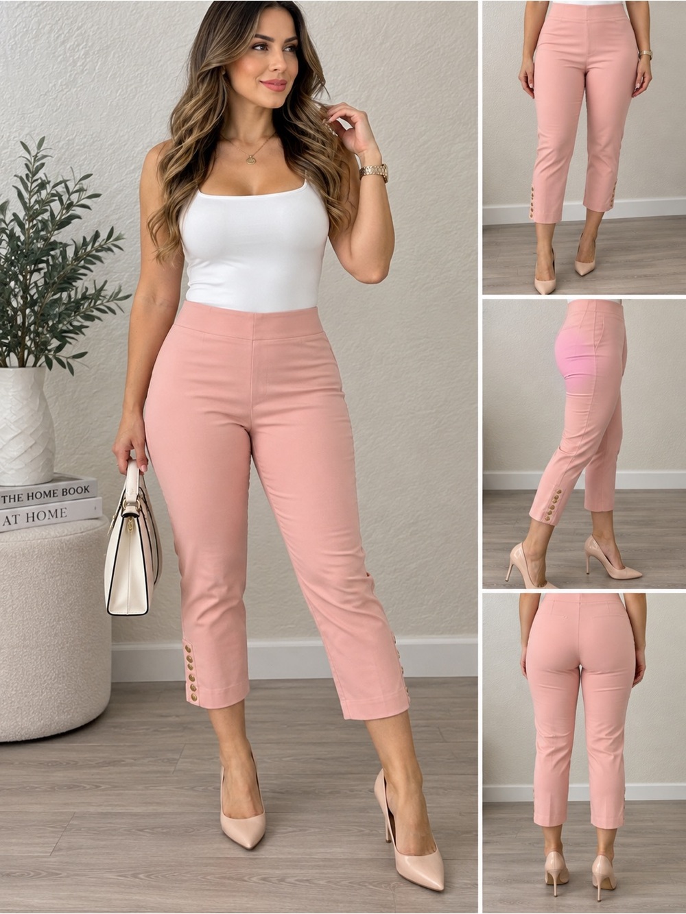 Liz Claiborne Blush Pink Cropped High-Waist Button-Hem Pants